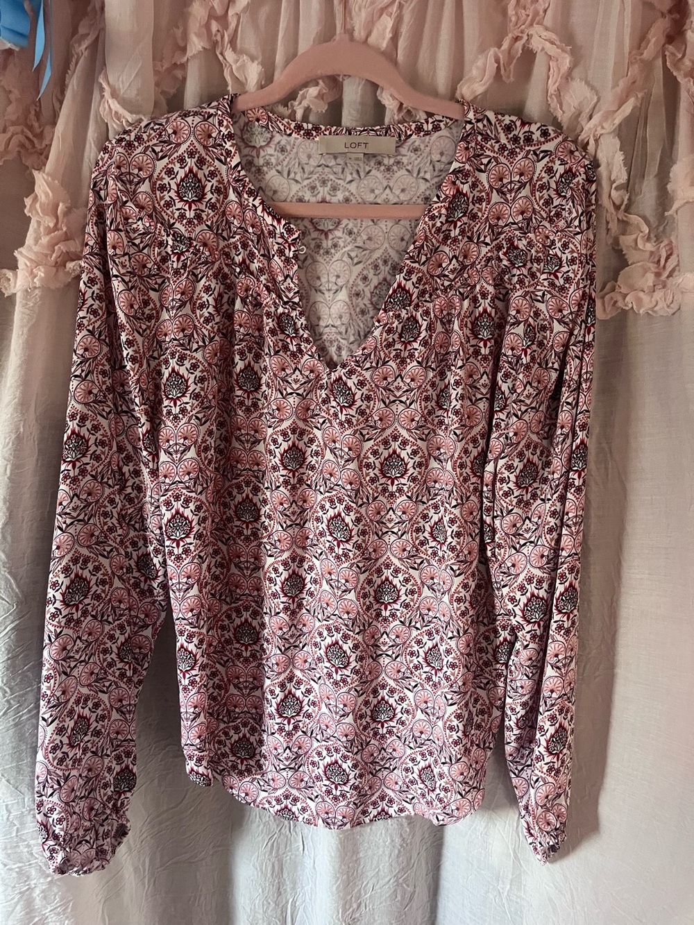 LOFT Pink and White Printed V-Neck Long Sleeve Blouse